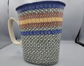 Polish pottery bistro pattern straight sided large pitcher