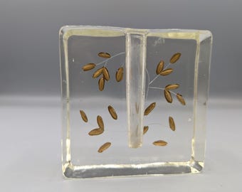 Square glass bud vase pen holder paperweight like unique piece with gold leaves