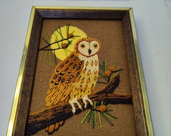 sunset design 1979 Barn Owl crewel needlecraft fiber art wall hanging cute boho piece