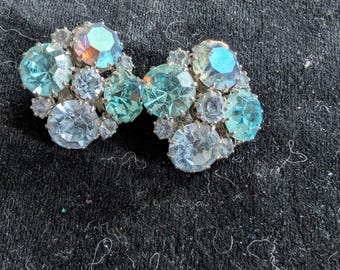 Karu Arke rhinestone crystal blue clip on earrings beautiful mid century jewelry