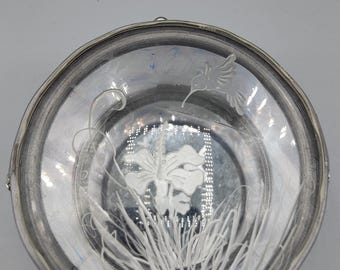 Vintage double paned etched glass mirrored box with hummingbird and flower