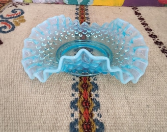 Turquoise blue Fenton hobnail ruffle top bowl pretty vintage glass
