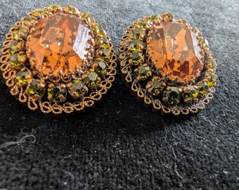 Vintage Austrian crystal clip on earrings amber and green beautiful sparkling earrings