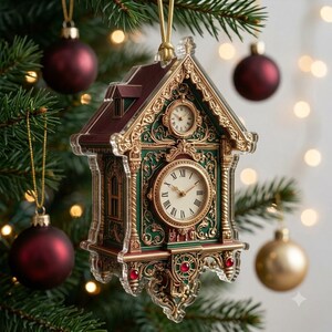 May include: A decorative cuckoo clock ornament featuring a dark red roof, green walls, and intricate gold filigree detailing. The clock face displays black Roman numerals and hands, with a smaller clock dial above. It includes red gemstone accents.