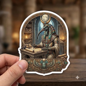 May include: A die-cut sticker featuring an illustration of the Egyptian deity Thoth with an ibis head, writing on a scroll at a desk. The scene includes shelves of scrolls, oil lamps, and a moon above. The base features a winged scarab beetle.