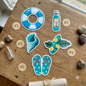 May include: A collection of five summer-themed stickers featuring a blue and white life preserver, a teal water bottle with the text MY BOTTLE and an anchor, a blue seashell, a green surfboard with yellow flowers, and teal polka-dot flip-flops.