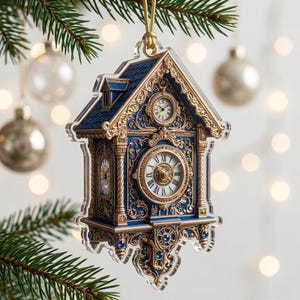 May include: A flat, acrylic Christmas tree ornament shaped like a cuckoo clock. The design features a deep blue and metallic gold color scheme with intricate scrollwork, a large central clock face with Roman numerals, and a smaller clock face above.