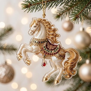 May include: A decorative Christmas tree ornament shaped like a rearing horse with a pearlescent white body, flowing gold mane and tail, and gold hooves. The horse wears an ornate saddle featuring red, green, and blue jewels and gold filigree.