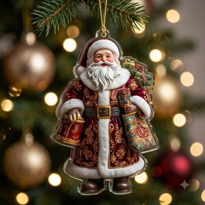 May include: A flat, acrylic Christmas tree ornament shaped like Santa Claus. Santa wears a deep red coat with gold filigree patterns and white fur trim, a matching hat, and a dark belt. He carries a green patterned gift sack and a red lantern.