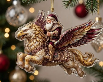 Santa on Griffon Acrylic Christmas Ornament, Burgundy and Gold Father Christmas on Mythical Beast Holiday Decor, Festive Tree Hanging