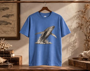 Camiseta com estampa de baleia jubarte, gravura vintage, camiseta de história natural, presente para amantes do oceano.