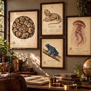 Lámina vintage de pitón bola, póster de historia natural de Python regius, grabado zoológico antiguo para pared. imagen 10