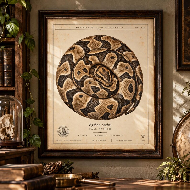 Lámina vintage de pitón bola, póster de historia natural de Python regius, grabado zoológico antiguo para pared. imagen 2