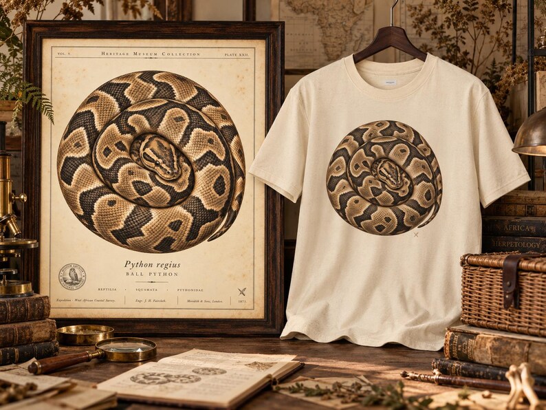 Lámina vintage de pitón bola, póster de historia natural de Python regius, grabado zoológico antiguo para pared. imagen 9
