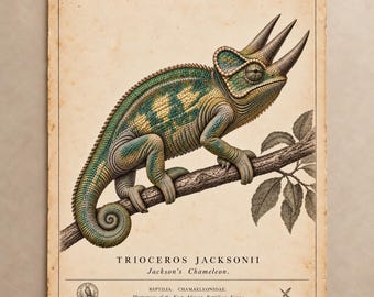 Lámina antigua del camaleón de Jackson, póster de historia natural de Trioceros jacksonii, grabado zoológico antiguo para pared.