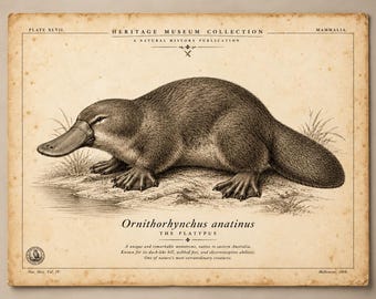 Gravura vintage de ornitorrinco, pôster de história natural do Ornithorhynchus anatinus, arte de parede com gravura zoológica antiga.