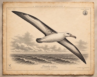 Gravura vintage de albatroz-errante, pôster de história natural de Diomedea exulans, arte de parede com gravura zoológica antiga.