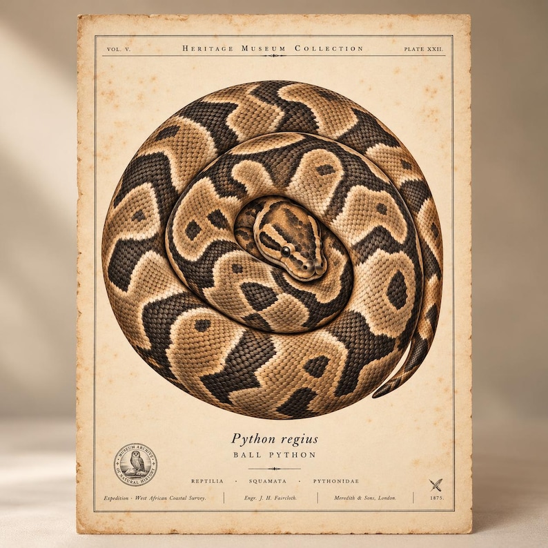 Lámina vintage de pitón bola, póster de historia natural de Python regius, grabado zoológico antiguo para pared. imagen 1
