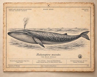 Impressão vintage de baleia azul, pôster de história natural da espécie Balaenoptera musculus, gravura zoológica antiga para parede.