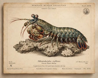 Gravura vintage de camarão-louva-a-deus-pavão (Odontodactylus scyllarus), pôster de história natural, arte de parede com gravura zoológica antiga.