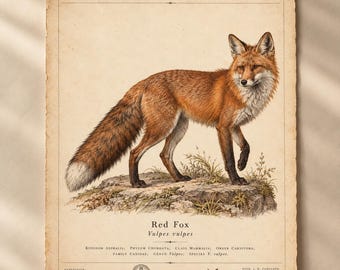Gravura vintage de raposa vermelha, pôster de história natural da espécie Vulpes vulpes, arte de parede com gravura zoológica antiga.