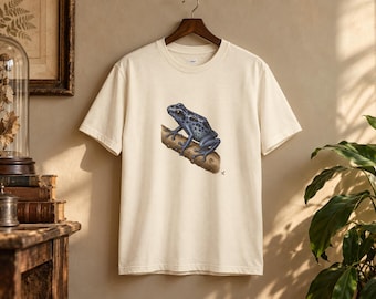 Camiseta con estampado de rana dardo venenosa azul, grabado vintage, camiseta de historia natural, regalo para amantes de los anfibios.