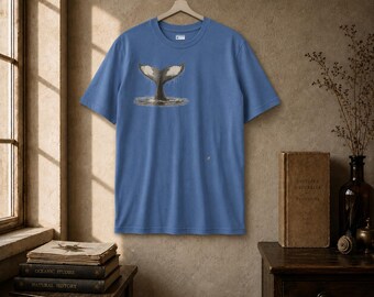 Camiseta estilo vintage com cauda de baleia, gravura de história natural, presente para amantes do oceano.