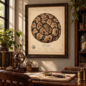 Lámina vintage de pitón bola, póster de historia natural de Python regius, grabado zoológico antiguo para pared. imagen 11