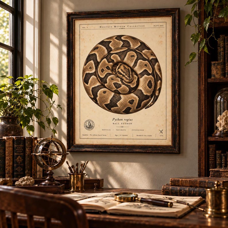Lámina vintage de pitón bola, póster de historia natural de Python regius, grabado zoológico antiguo para pared. imagen 11