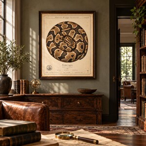 Lámina vintage de pitón bola, póster de historia natural de Python regius, grabado zoológico antiguo para pared. imagen 4