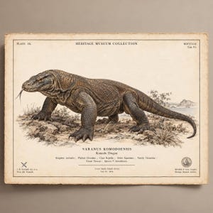 Vintage Komodo Dragon Print, Varanus Komodoensis Natural History Poster, Antique Zoological Engraving Wall Art