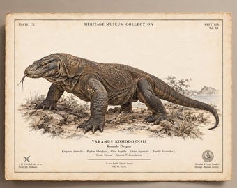 Impressão vintage de dragão-de-komodo, pôster de história natural do Varanus komodoensis, arte de parede com gravura zoológica antiga.