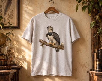 Camiseta com estampa de harpia, gravura vintage, tema história natural, presente para amantes de pássaros.