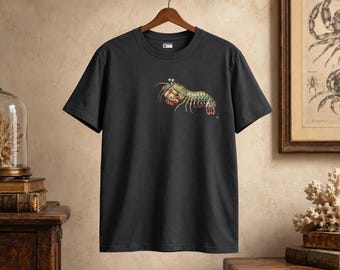 Camiseta com estampa de camarão-louva-a-deus-pavão, gravura vintage, camiseta de história natural, presente para amantes do oceano.