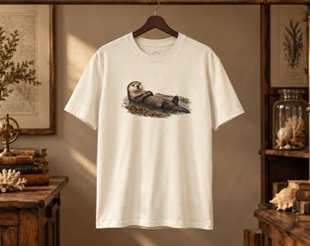 Camiseta com estampa de lontra marinha, gravura vintage, camiseta de história natural, presente para amantes do oceano.