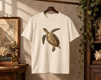 Camiseta Tartaruga-verde, Gravura Vintage, Camiseta de História Natural, Presente para Amantes do Oceano