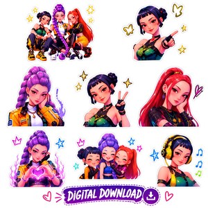 Può includere: Una collezione di adesivi digitali con tre personaggi animati dai capelli viola, neri e rossi in varie pose, tra cui gesti a cuore, segni di pace e cuffie, accompagnati da icone di stelle, cuori e note musicali.