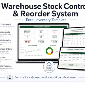 May include: A digital Warehouse Stock Control & Reorder System Excel inventory template displayed on a laptop and two tablets. The interface features a dashboard, inventory master, and purchase order tracker with charts, tables, and data fields.