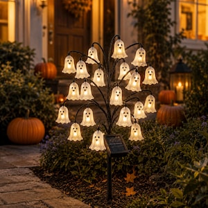 Solar Ghost Light, Halloween Yard Stake 20-Light Outdoor Pathway Decor
