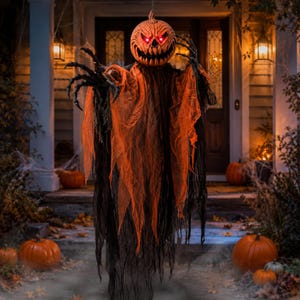 Op de afbeelding: Een hangende Halloween-decoratie met een uitgesneden pompoenkop met gloeiende rode ogen en een grillige, tandige grijns. De figuur heeft lange, skeletachtige zwarte handen en is gedrapeerd in gelaagde, gerafelde oranje en zwarte stoffen gewaden.
