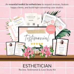 Puede incluir: Un kit de herramientas de marketing digital para esteticistas con plantillas de testimonios y estudios de caso. El conjunto incluye tarjetas con códigos QR, documentos atados con cuerda y tabletas, decorados con lirios rosas y hojas verdes.