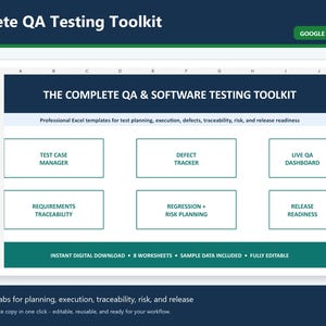 May include: A digital spreadsheet interface titled The Complete QA & Software Testing Toolkit, Google Sheets Edition. It features six labeled boxes: Test Case Manager, Defect Tracker, Live QA Dashboard, Requirements Traceability, Regression + Risk Planning, and Release Readiness.