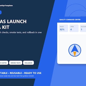 May include: A digital template titled SAAS LAUNCH QA KIT for Excel. The interface features a Quality Command Center dashboard with metrics for Ready, Open, and Blockers, alongside buttons for Launch Gates, Smoke Tests, and Rollback functions.