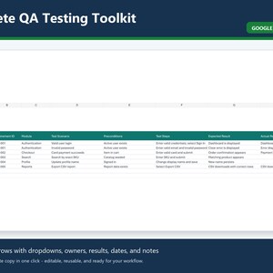 May include: A digital spreadsheet titled Complete QA Testing Toolkit Google Sheets Edition. The table includes columns for Test ID, Requirement ID, Module, Test Scenario, Preconditions, Test Steps, Expected Result, and Actual Result with data.