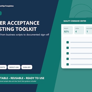 May include: A digital User Acceptance Testing Toolkit template for Excel with a dark blue and teal background. It features a Quality Command Center dashboard showing status metrics, a list of tasks, and buttons for UAT Scripts, Defect Log, and Sign-off.