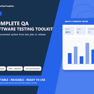 May include: A digital software testing toolkit template featuring the text COMPLETE QA SOFTWARE TESTING TOOLKIT and a Quality Command Center dashboard with a bar chart, status metrics for ready, open, and blocker items, and navigation buttons.