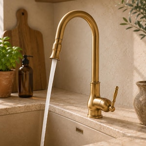 Vintage Brass Pull Down Faucet, Rustic Farmhouse Kitchen Mixer, 360 Degree Swivel Tap for Butler & Kitchen Sink