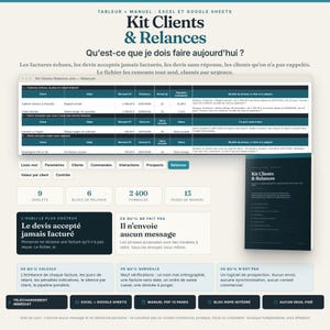 Könnte beinhalten: Ein digitales Verwaltungstool mit dem Titel Kit Clients & Relances für Excel und Google Sheets. Die Benutzeroberfläche zeigt eine Tabelle mit Spalten für Kundendaten, Rechnungsstatus und Follow-up-Aufgaben sowie ein 13-seitiges PDF-Handbuch.