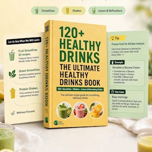 May include: A yellow hardback book titled 120+ Healthy Drinks The Ultimate Healthy Drinks Book with green text and three circular images of fruit beverages. The book is displayed with two open pages showing recipe categories and tips.