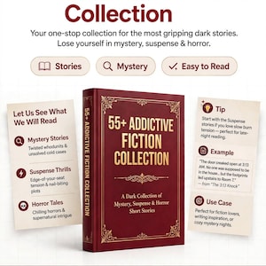 Könnte beinhalten: Ein kastanienbraunes Hardcover-Buch mit dem Titel 55+ Addictive Fiction Collection und goldenen verzierten Rändern. Das Buch ist von Informationskarten umgeben, die Mystery-, Spannungs- und Horrorgeschichten beschreiben, inklusive Tipp und Beispiel.